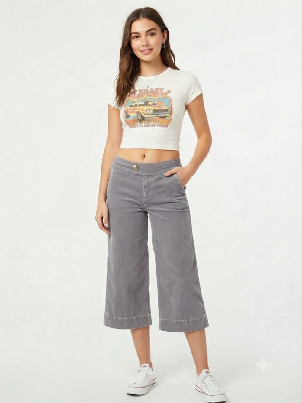 Gray Corduroy Wide Leg Cropped Pants Y2K Indie Sleaze Boho SZ 3